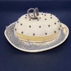 Vtg Brandt Paris New York Yellow Straw Cloche Hat Beaded Velvet Netting Size 22